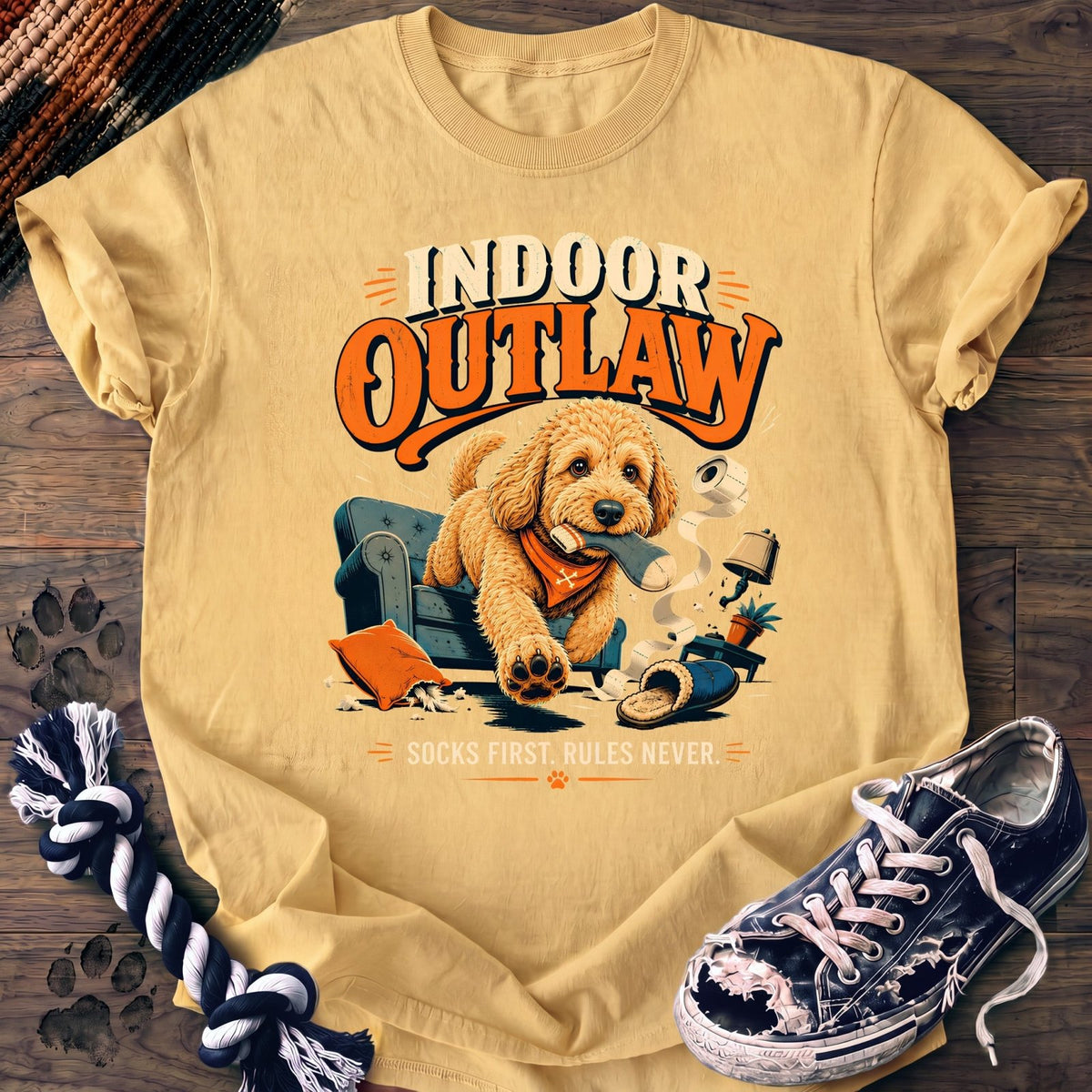 Indoor Outlaw Socks First Rules Never - Goldendoodle - PAWSSION CLUB