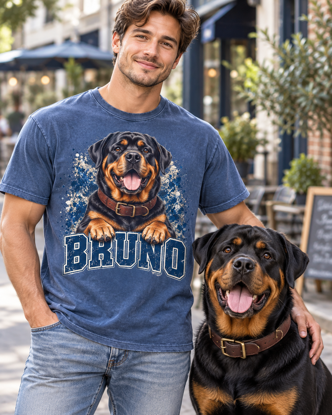 Blue Jean custom Varsity Dog T-shirt Bruno portrait lifestyle mockup