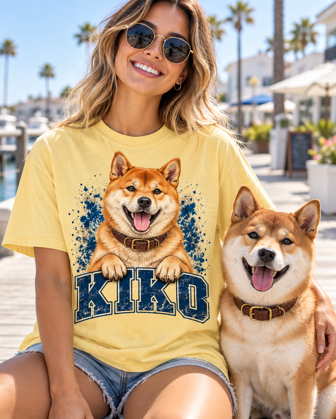 Butter custom Varsity Dog T-shirt Kiko portrait lifestyle mockup