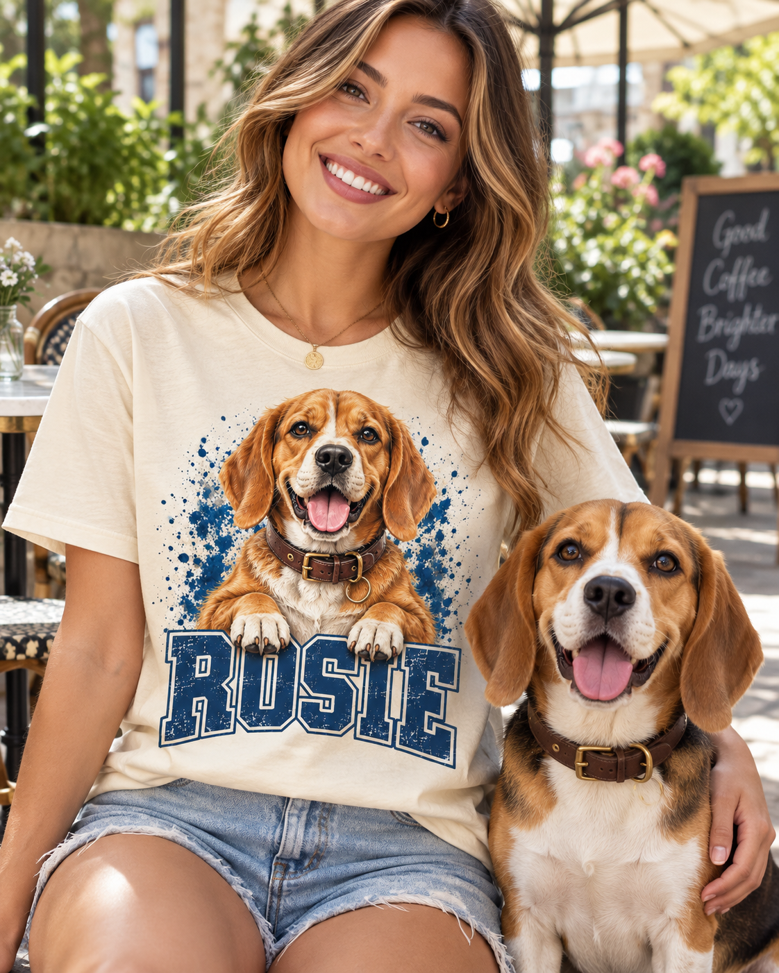 Ivory custom Varsity Dog T-shirt Rosie portrait lifestyle mockup