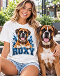 White custom Varsity Dog T-shirt Roxy portrait lifestyle mockup